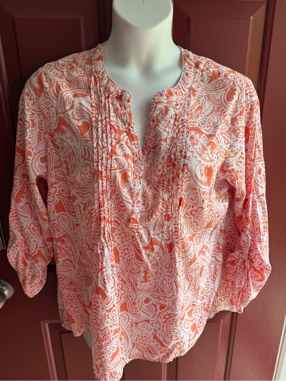 Notations Coral and White Paisley Pintuck Popover Blouse
